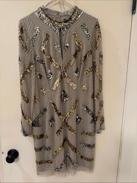 Aidan by Aidan Mattox Dresses & Skirts - Aidan by Aidan Mattox Taupe Long-Sleeve Sequin Chevron Dress